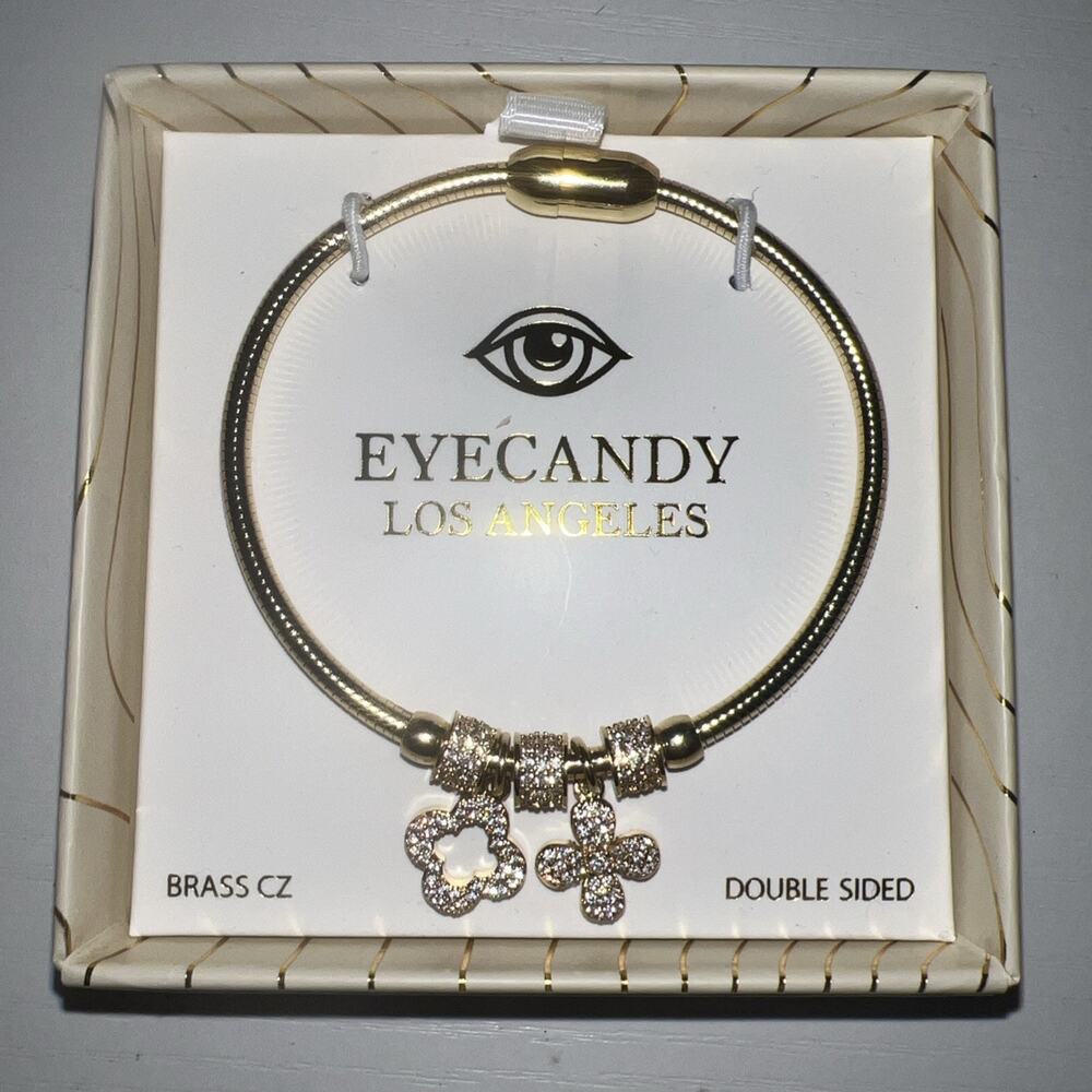 EyeCandy Los Angeles Gold-Tone Brass CZ Clover and FlowerDesign